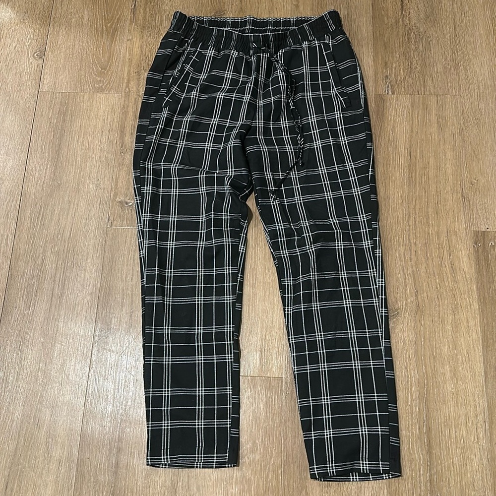 Forever 21 Plaid Drawstring Casual Pant Black White Size Large